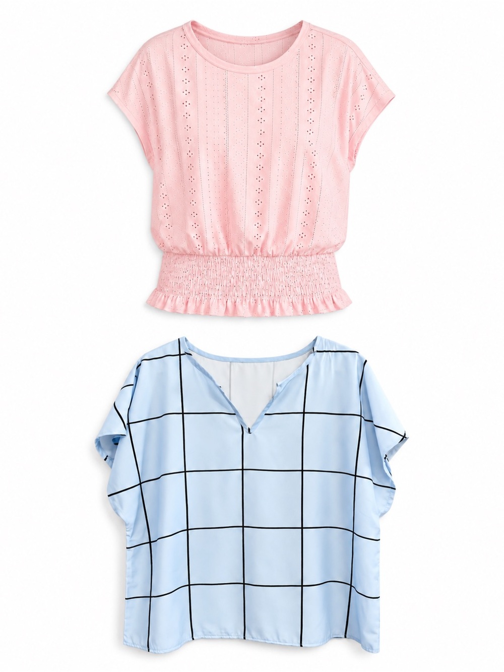 2 Piece Bundle Pink Eyelet & Blue Windowpane Blouse – Size XL EUC